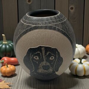 Mata Ortiz Pottery Mariela Tena Hernandez Puppy Dog Kitty Cat Jar Vase Sgraffito